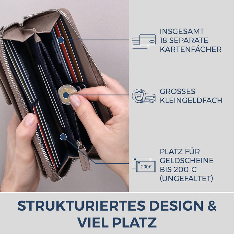 Geldbörse mit Handyfach, RFID-Schutz & 18 Kartenfächer (Genarbt)