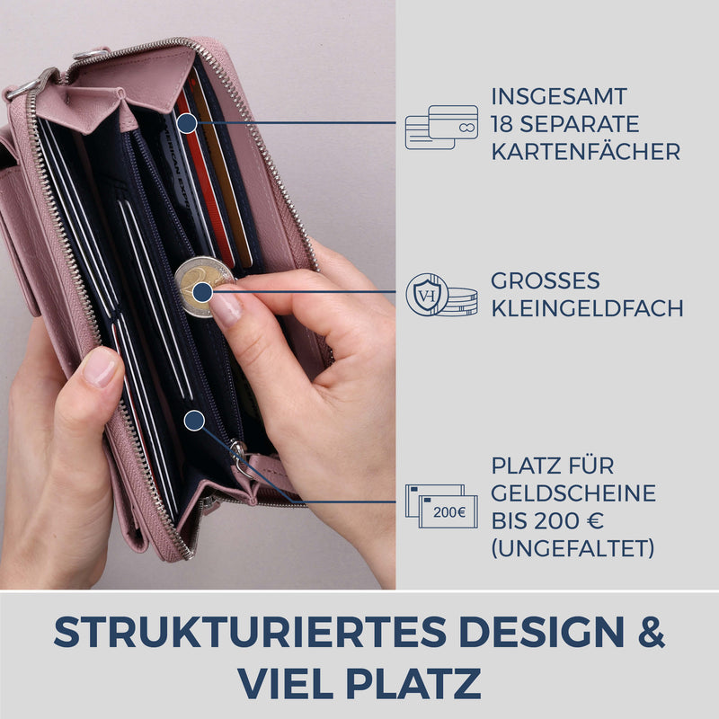 Geldbörse mit Handyfach, RFID-Schutz & 18 Kartenfächer (Genarbt)