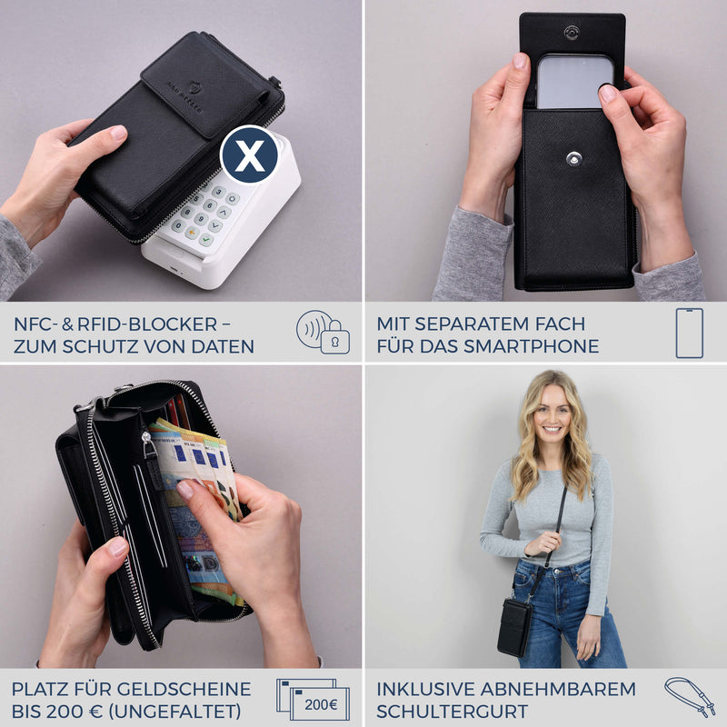 Geldbörse mit Handyfach, RFID-Schutz & 18 Kartenfächer (Saffiano)