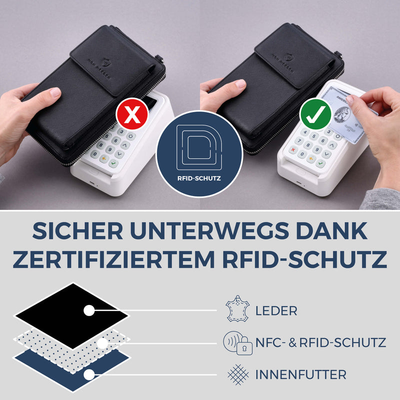 Geldbörse mit Handyfach, RFID-Schutz & 18 Kartenfächer (Saffiano)