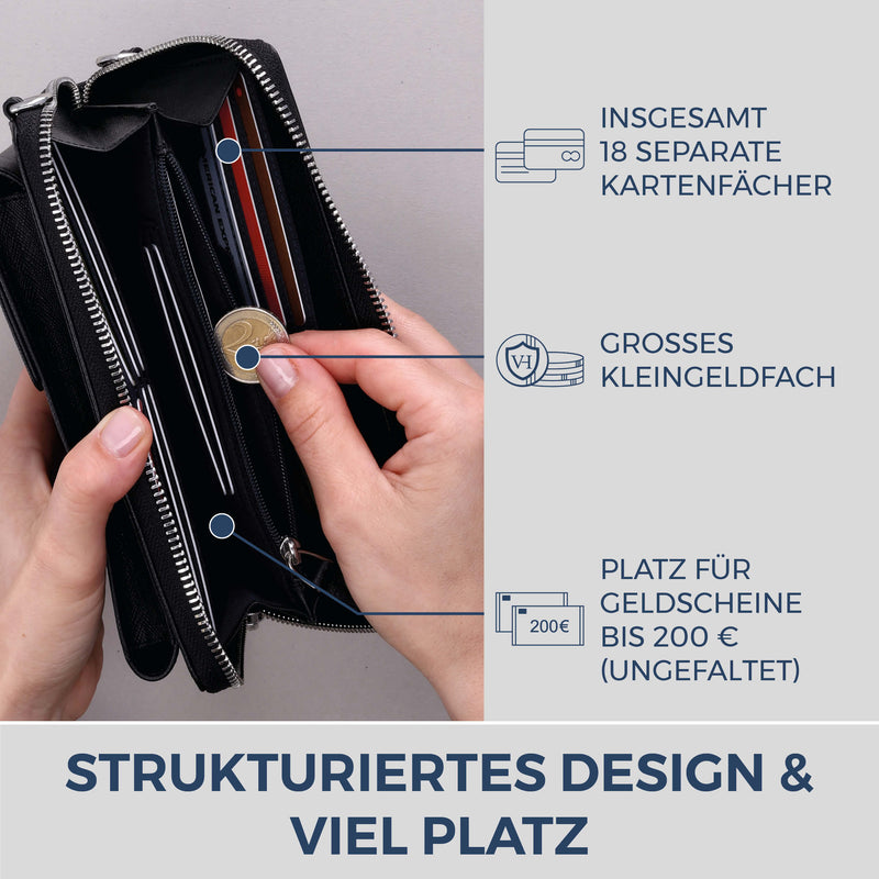 Geldbörse mit Handyfach, RFID-Schutz & 18 Kartenfächer (Saffiano)
