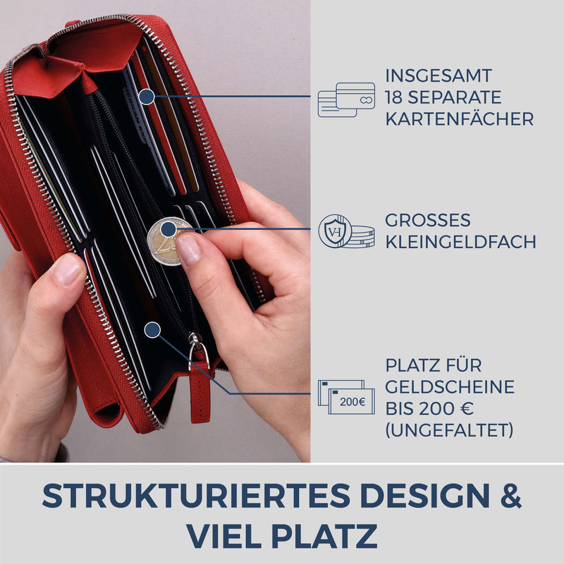 Geldbörse mit Handyfach, RFID-Schutz & 18 Kartenfächer (Saffiano)