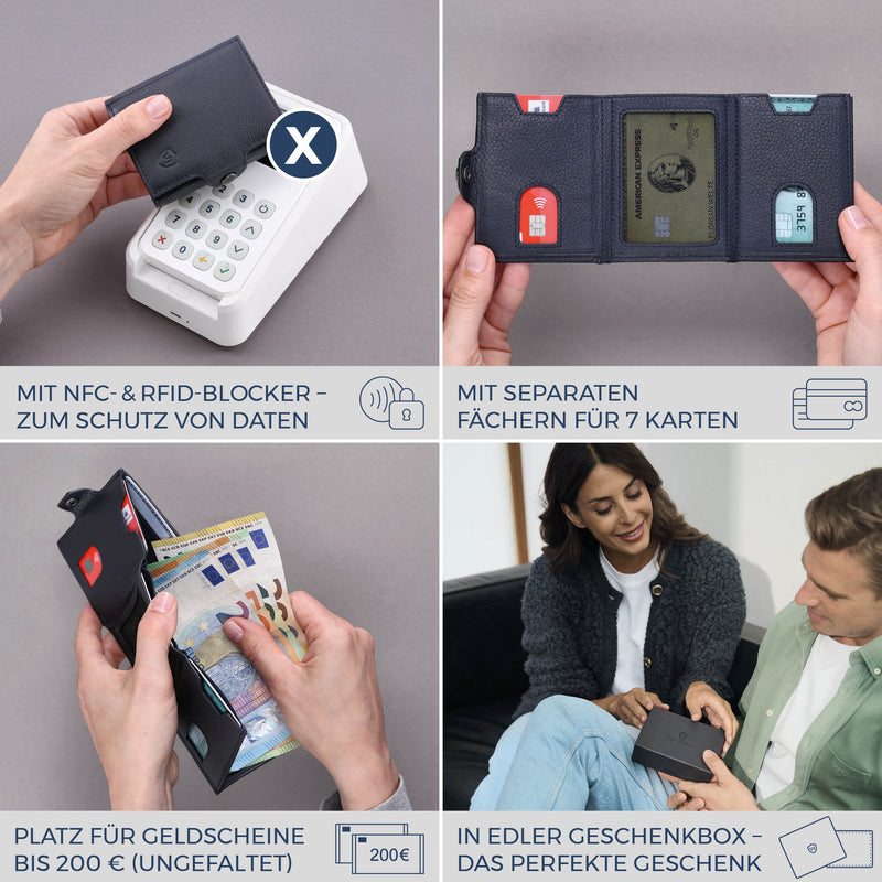 Slim Wallet mit RFID-Schutz, 7 Kartenfächer & Mini-Münzfach (Genarbt)