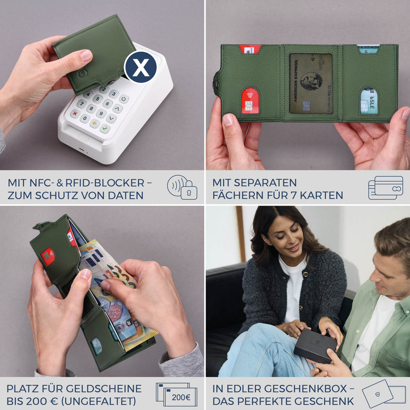 Slim Wallet mit RFID-Schutz, 7 Kartenfächer & Mini-Münzfach (Genarbt)