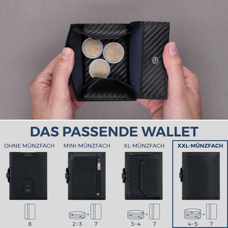 Slim Wallet mit RFID-Schutz, 7 Kartenfächer & XXL-Münzfach (Carbon)