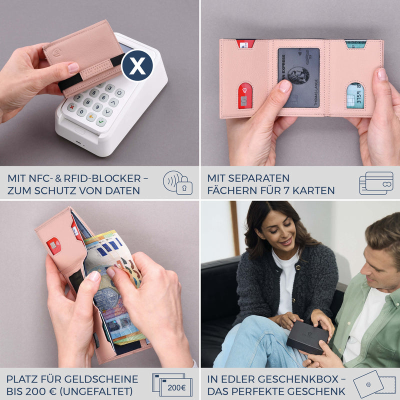 Slim Wallet mit RFID-Schutz, 7 Kartenfächer & Mini-Münzfach (Genarbt)