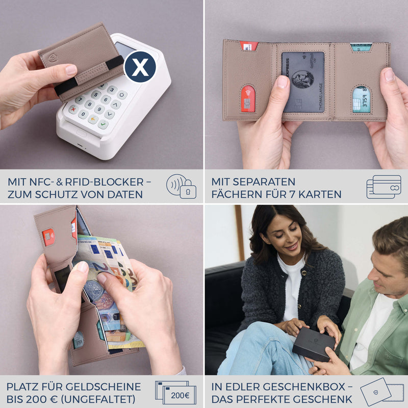 Slim Wallet mit RFID-Schutz, 7 Kartenfächer & Mini-Münzfach (Genarbt)