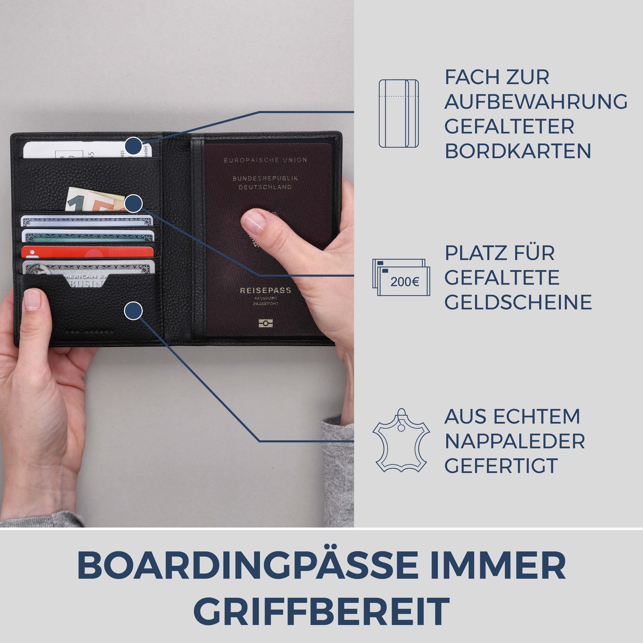 Reisepasshülle mit RFID-Schutz & 4 Kartenfächer (Genarbt)