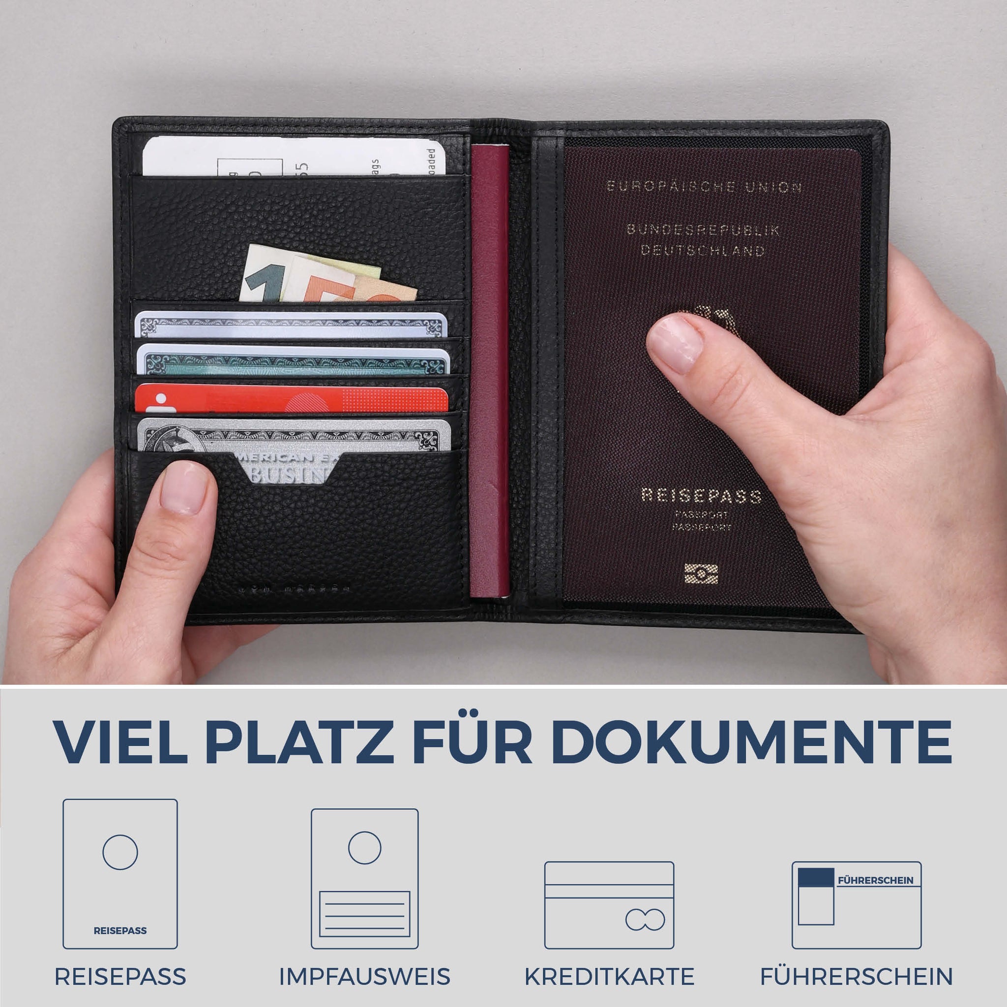 Reisepasshülle mit RFID-Schutz & 4 Kartenfächer (Genarbt)