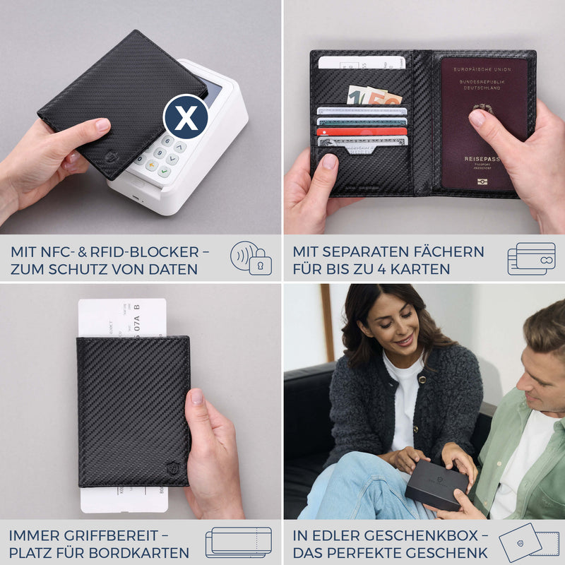 Reisepasshülle mit RFID-Schutz & 4 Kartenfächer (Carbon)
