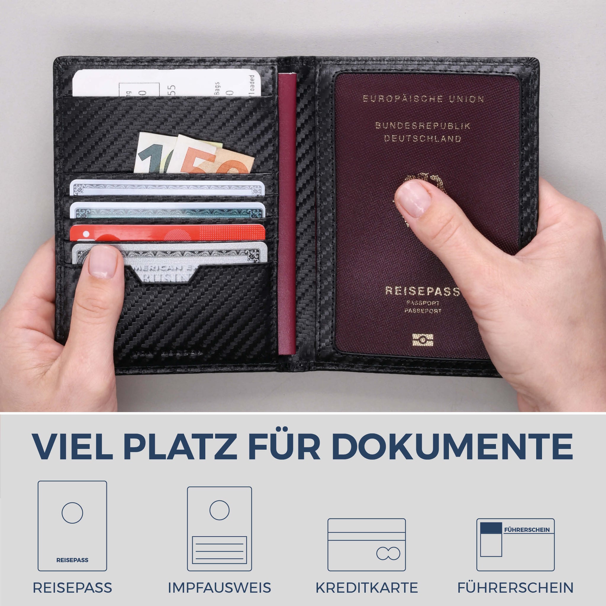 Reisepasshülle mit RFID-Schutz & 4 Kartenfächer (Carbon)