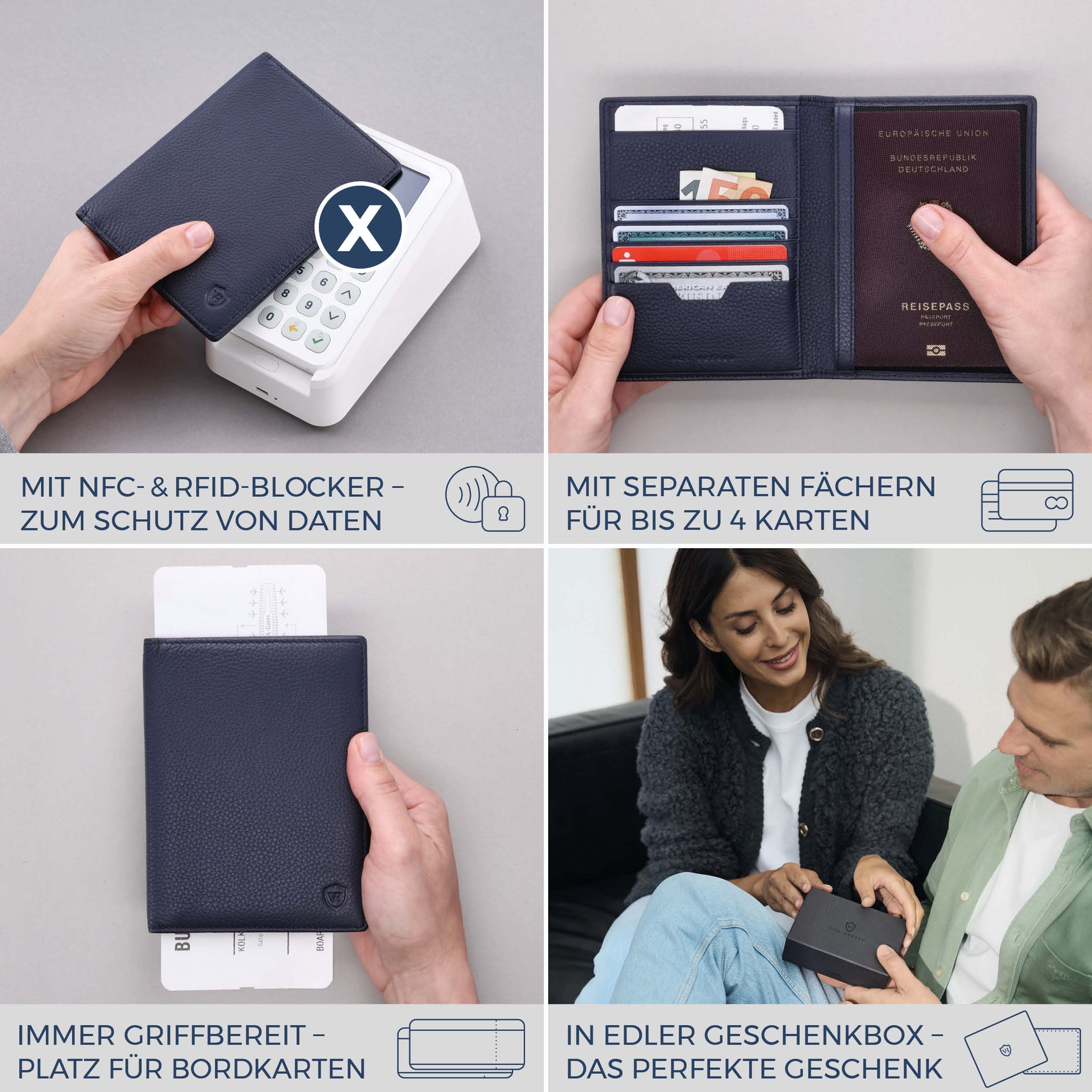 Reisepasshülle mit RFID-Schutz & 4 Kartenfächer (Genarbt)