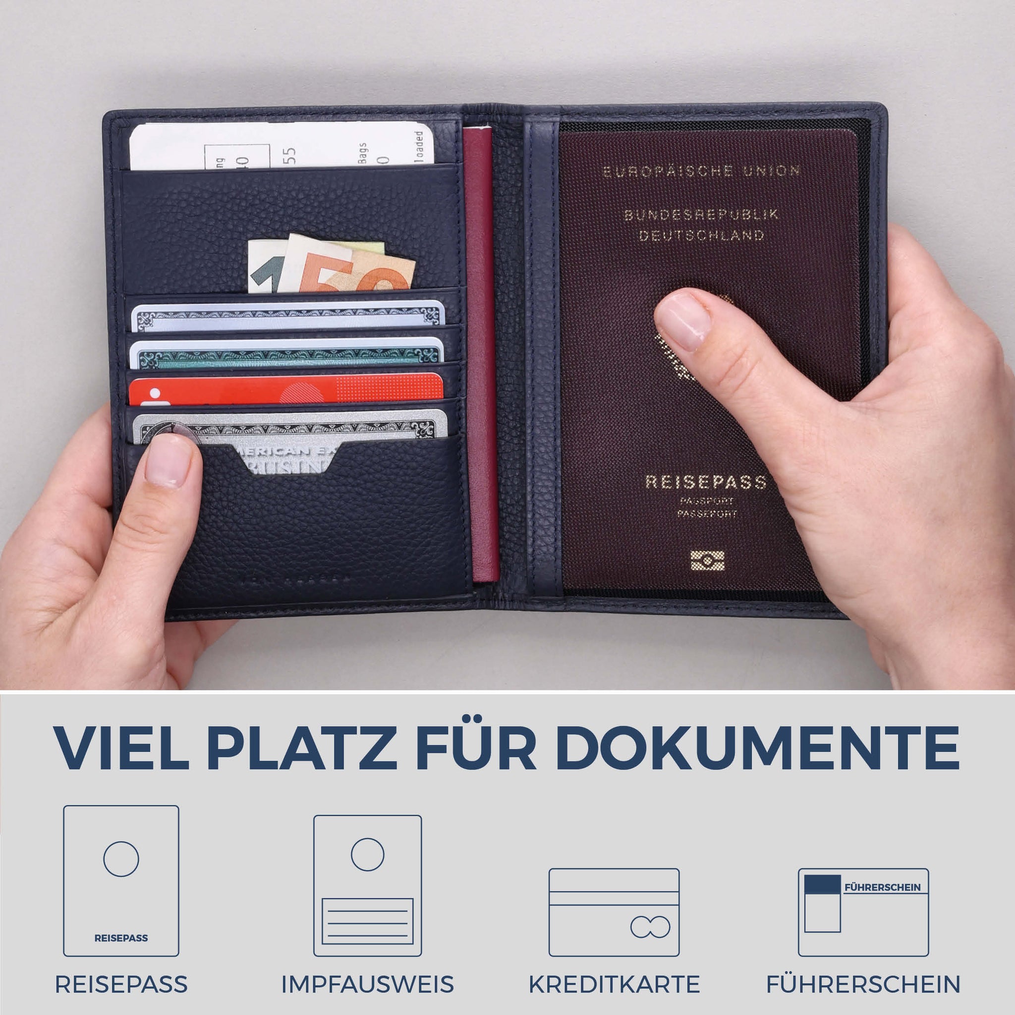 Reisepasshülle mit RFID-Schutz & 4 Kartenfächer (Genarbt)
