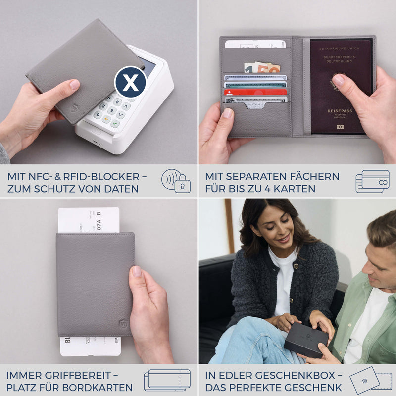 Reisepasshülle mit RFID-Schutz & 4 Kartenfächer (Genarbt)