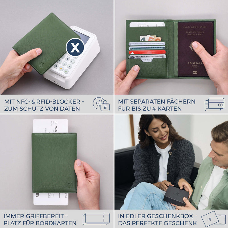 Reisepasshülle mit RFID-Schutz & 4 Kartenfächer (Genarbt)