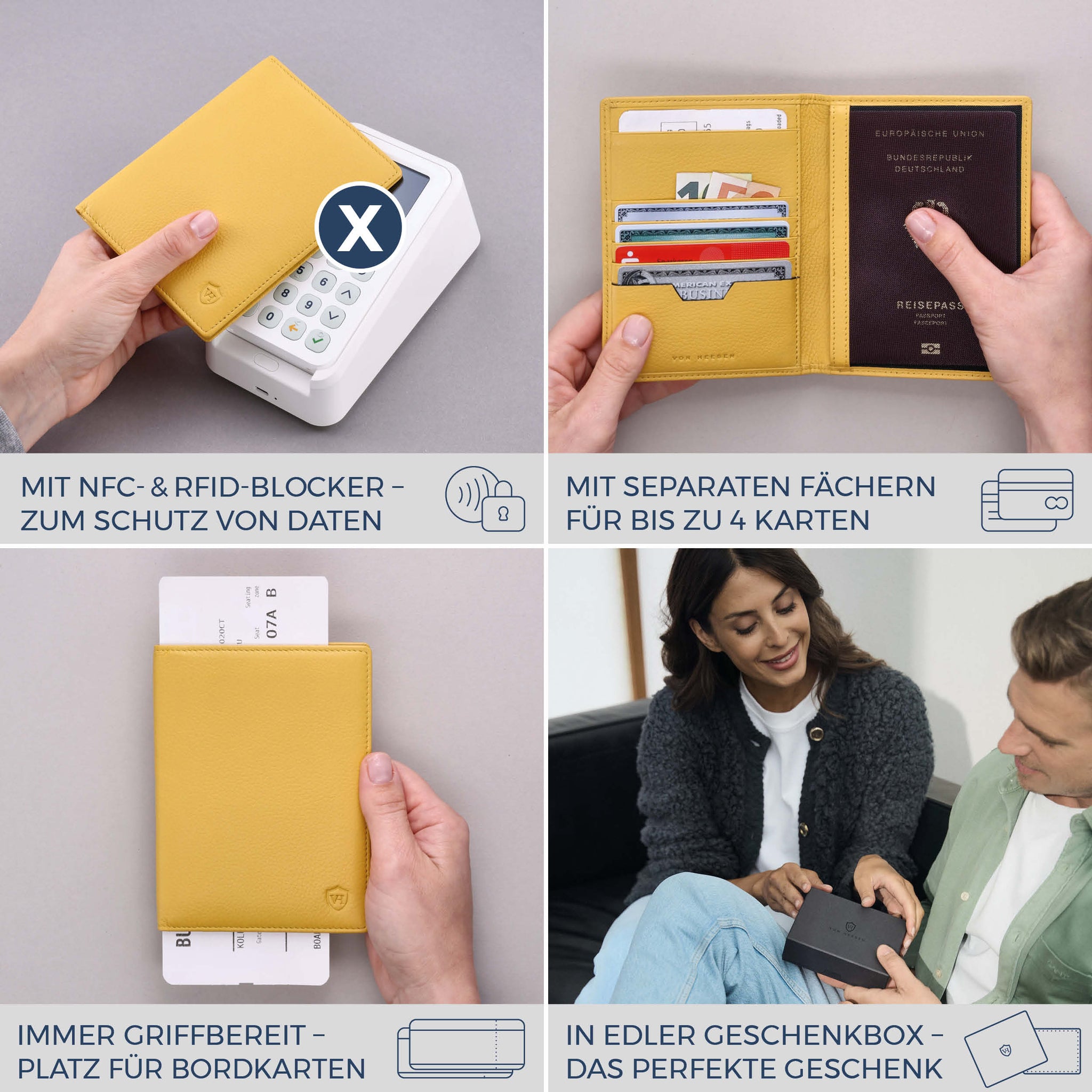 Reisepasshülle mit RFID-Schutz & 4 Kartenfächer (Genarbt)