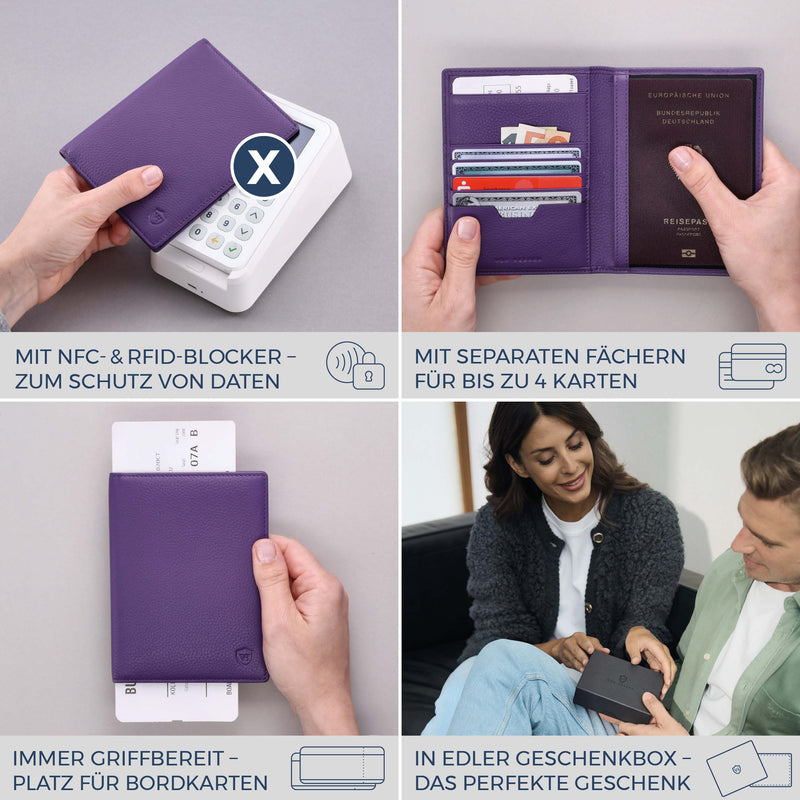 Reisepasshülle mit RFID-Schutz & 4 Kartenfächer (Genarbt)