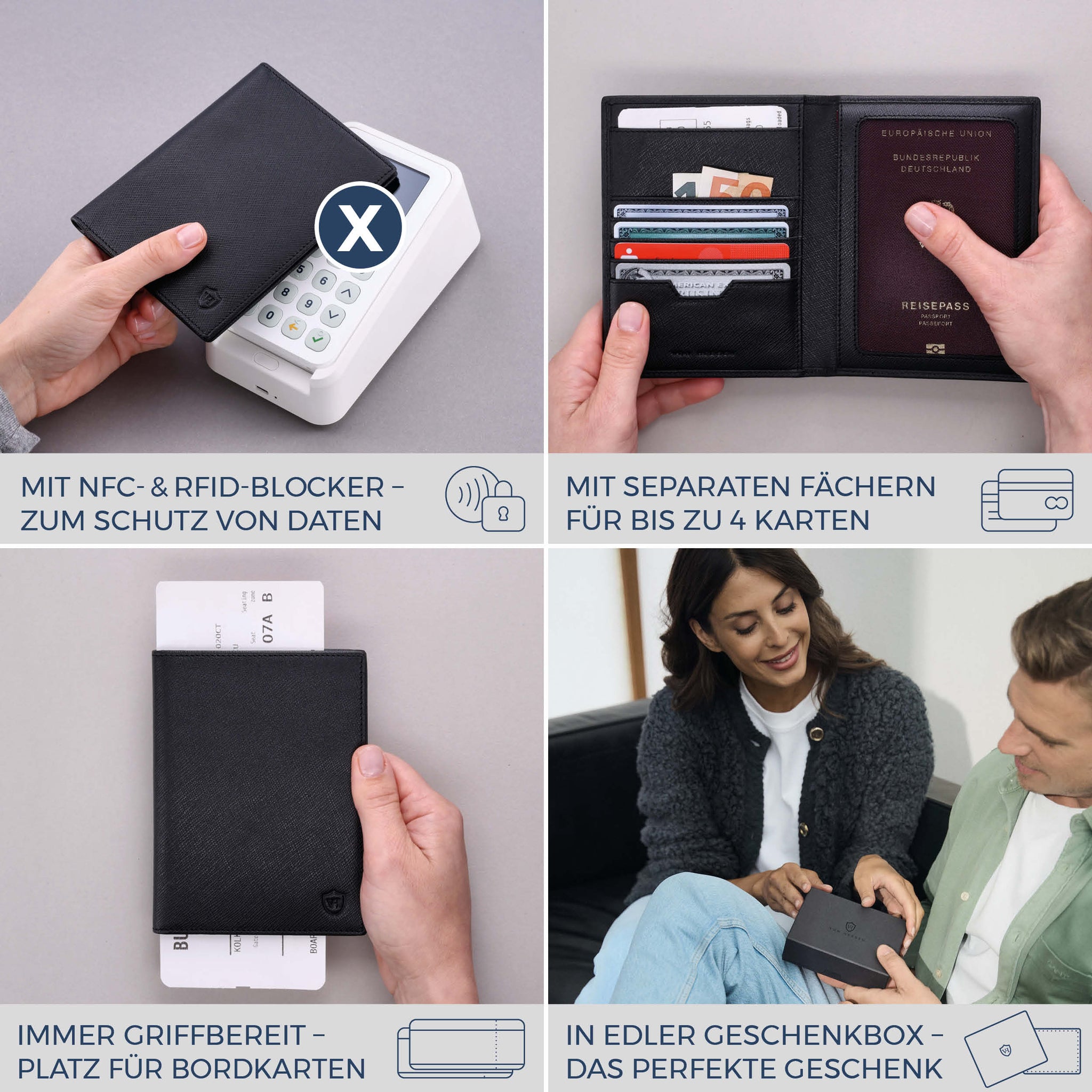 Reisepasshülle mit RFID-Schutz & 4 Kartenfächer (Saffiano)