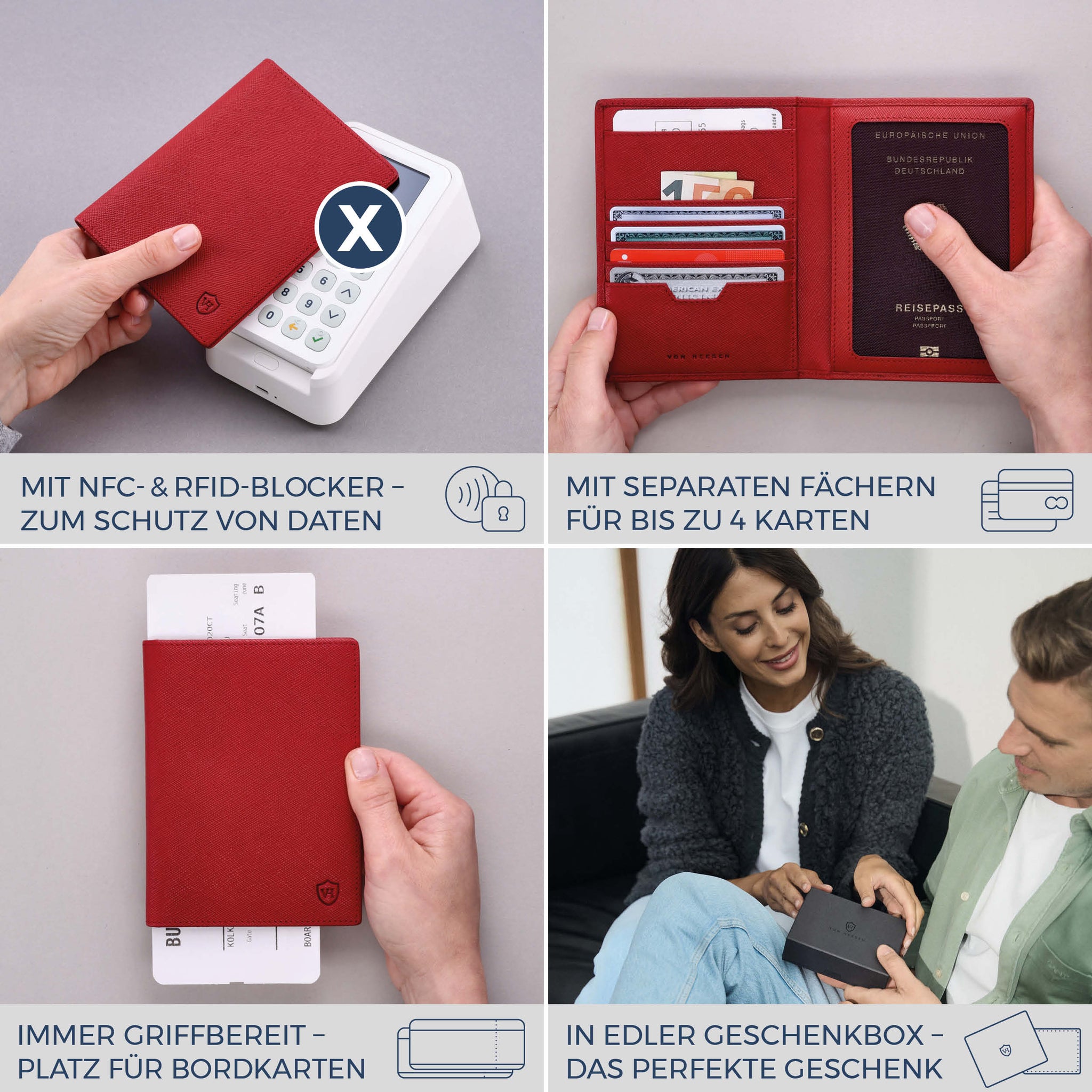 Reisepasshülle mit RFID-Schutz & 4 Kartenfächer (Saffiano)