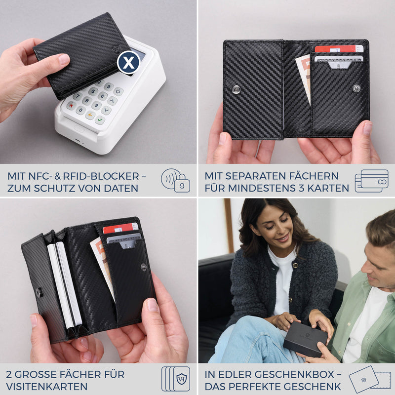 Visitenkartenetui mit RFID-Schutz & 4 Kartenfächer (Carbon)