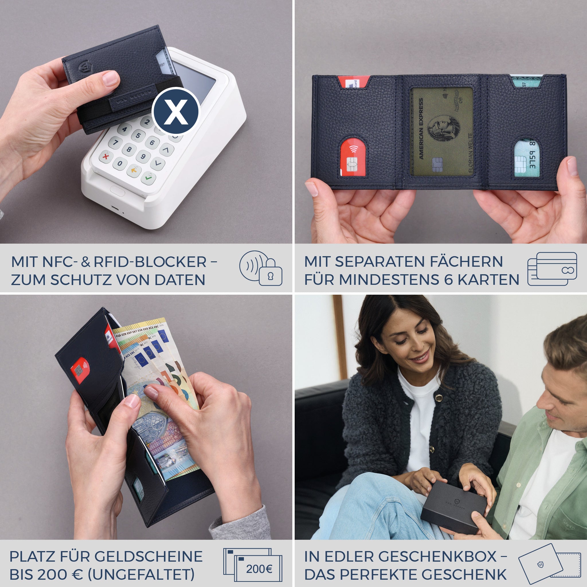Slim Wallet mit RFID-Schutz & 6 Kartenfächer (Genarbt)