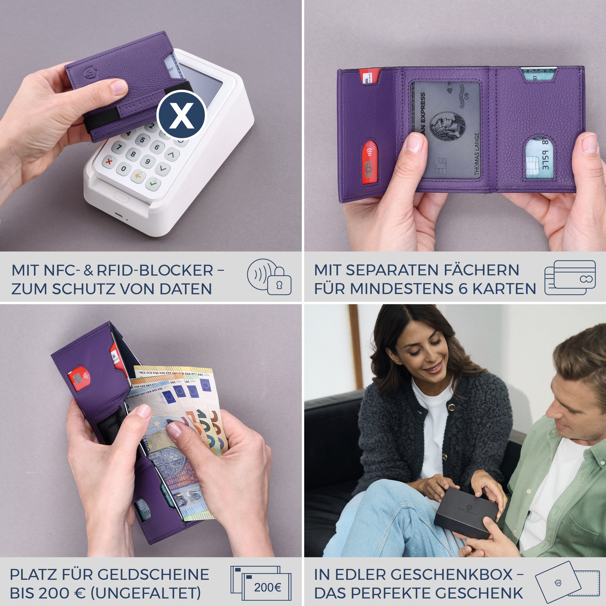 Slim Wallet mit RFID-Schutz & 6 Kartenfächer (Genarbt)