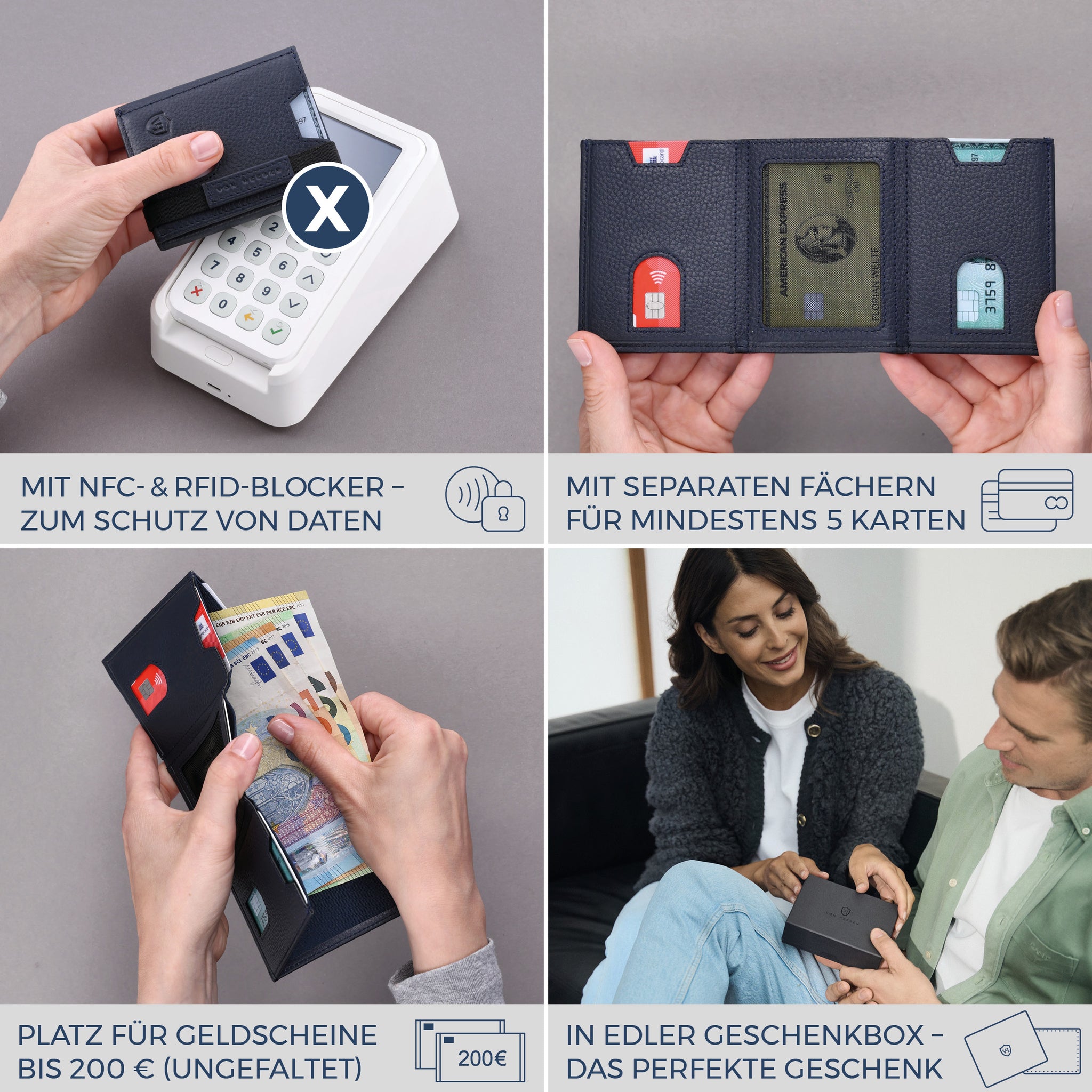 Slim Wallet mit RFID-Schutz, 5 Kartenfächer & Mini-Münzfach (Genarbt)