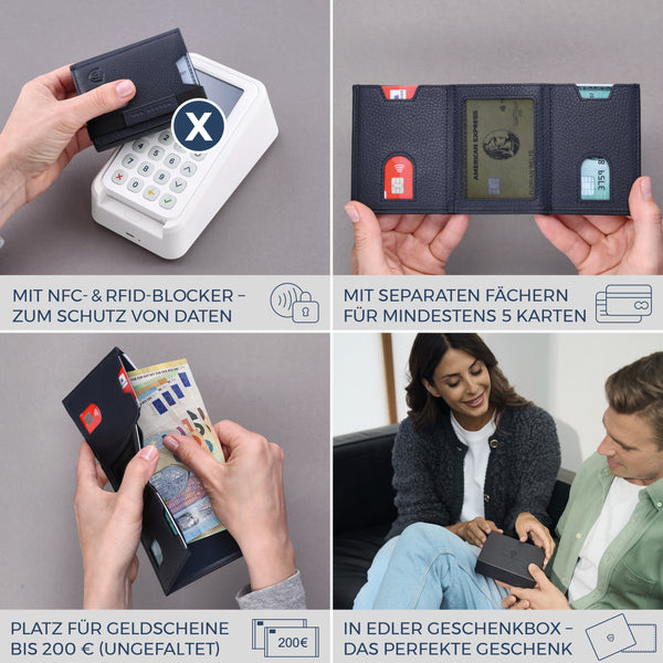 Slim Wallet mit RFID-Schutz, 5 Kartenfächer & Mini-Münzfach (Genarbt)