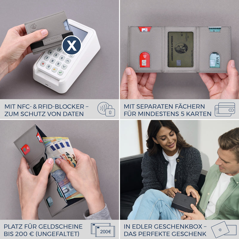 Slim Wallet mit RFID-Schutz, 5 Kartenfächer & Mini-Münzfach (Genarbt)
