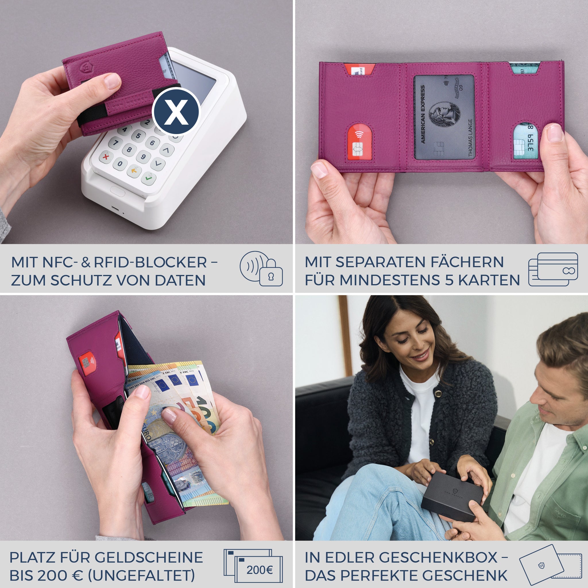 Slim Wallet mit RFID-Schutz, 5 Kartenfächer & Mini-Münzfach (Genarbt)