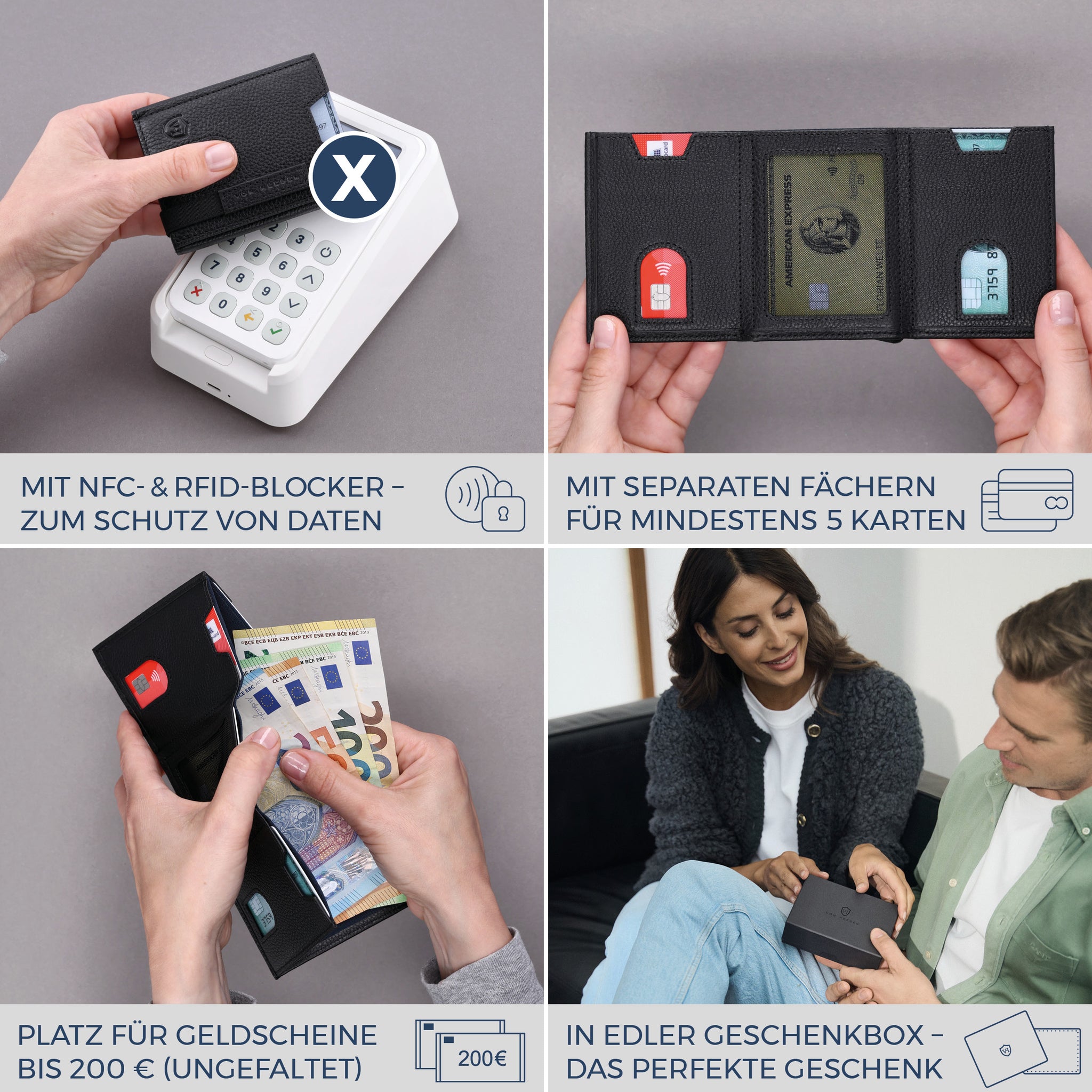 Slim Wallet mit RFID-Schutz, 5 Kartenfächer & XL-Münzfach (Genarbt)