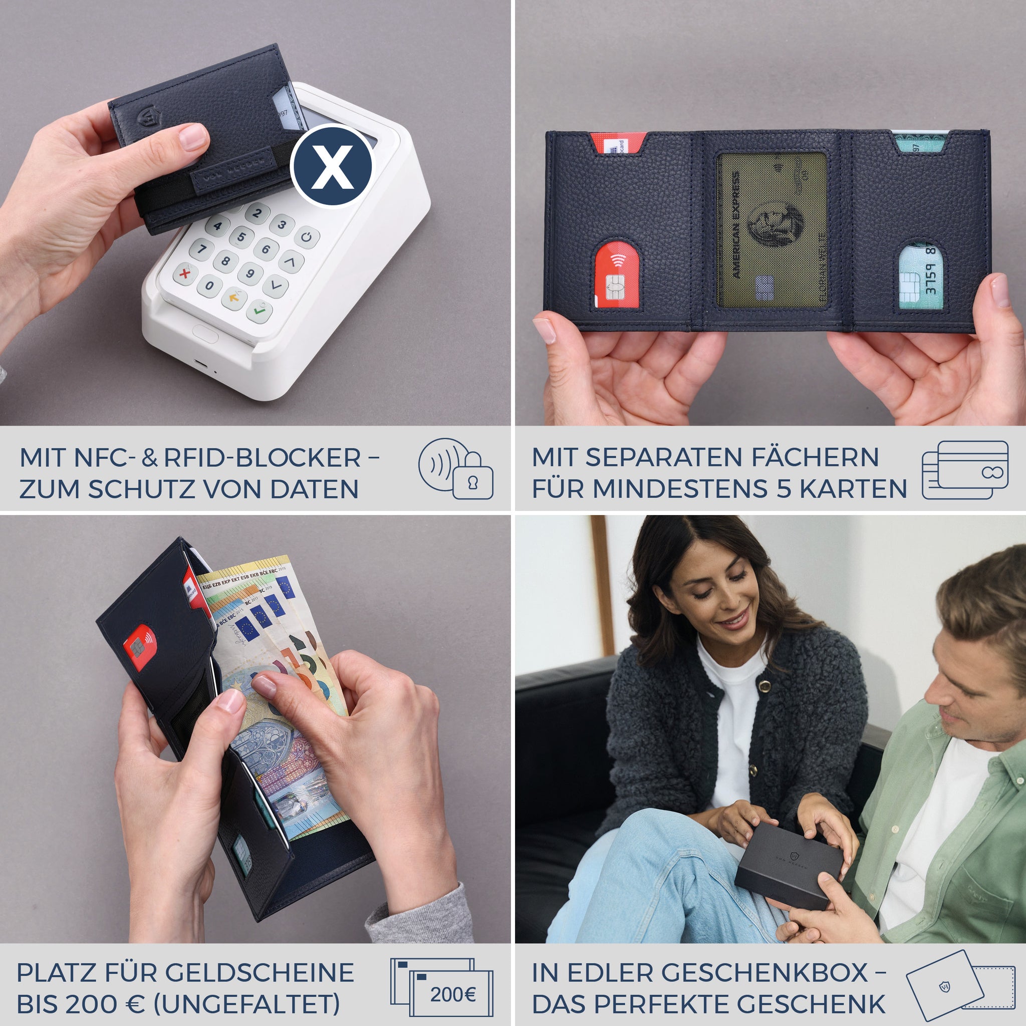 Slim Wallet mit RFID-Schutz, 5 Kartenfächer & XL-Münzfach (Genarbt)
