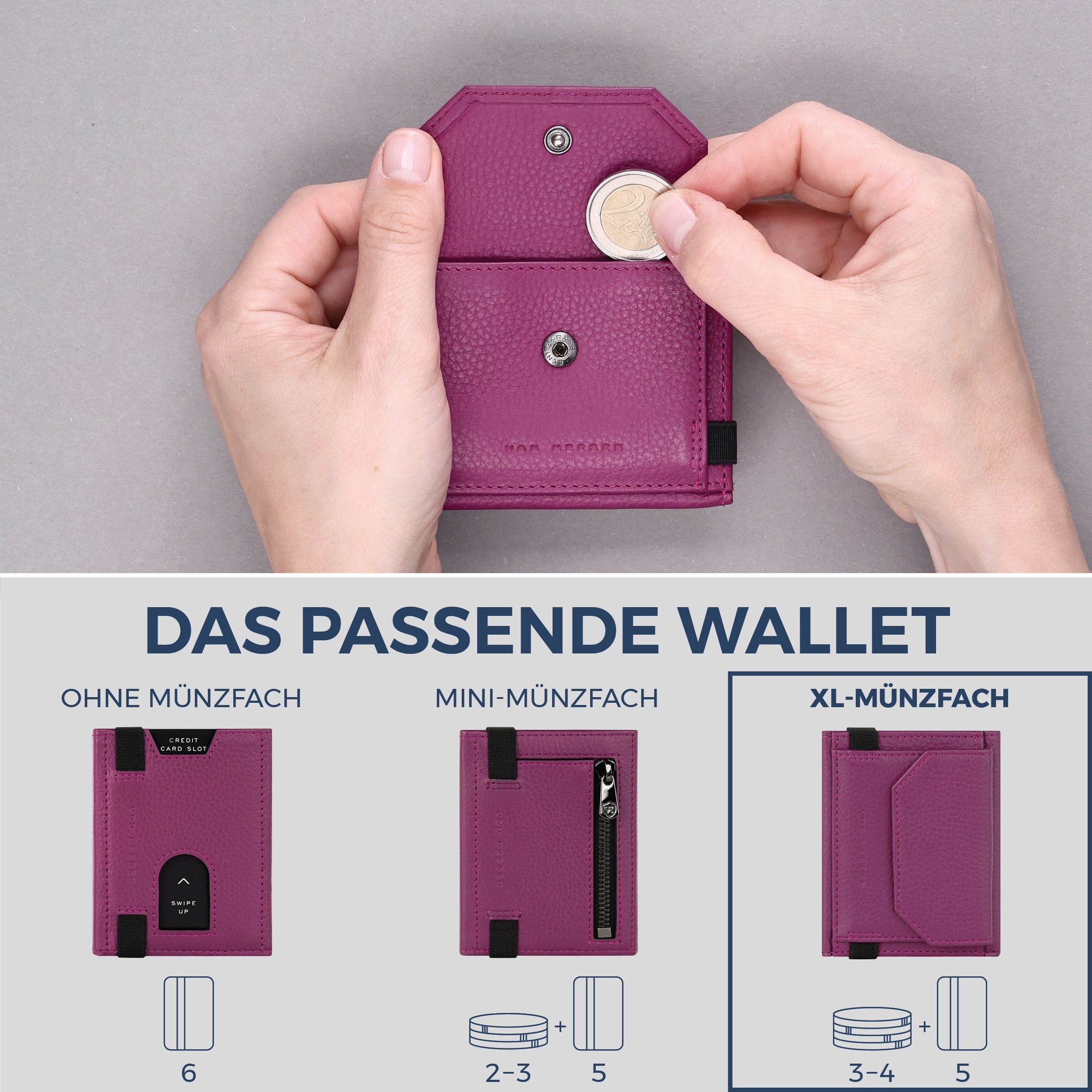 Slim Wallet mit RFID-Schutz, 5 Kartenfächer & XL-Münzfach (Genarbt)