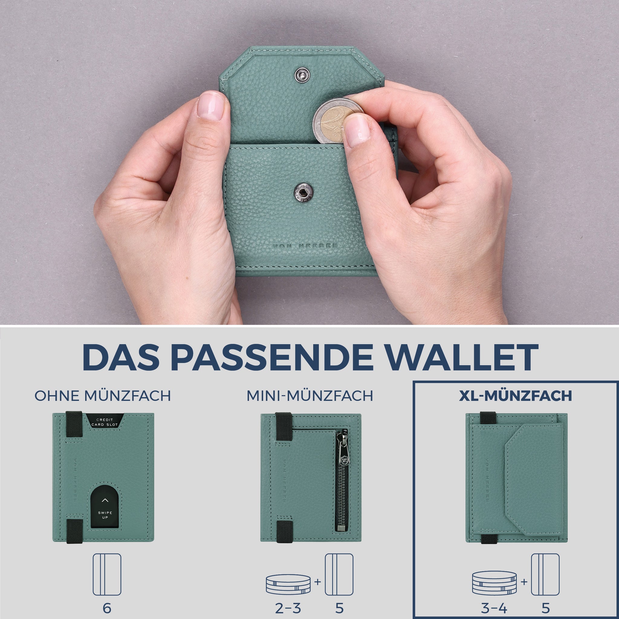 Slim Wallet mit RFID-Schutz, 5 Kartenfächer & XL-Münzfach (Genarbt)