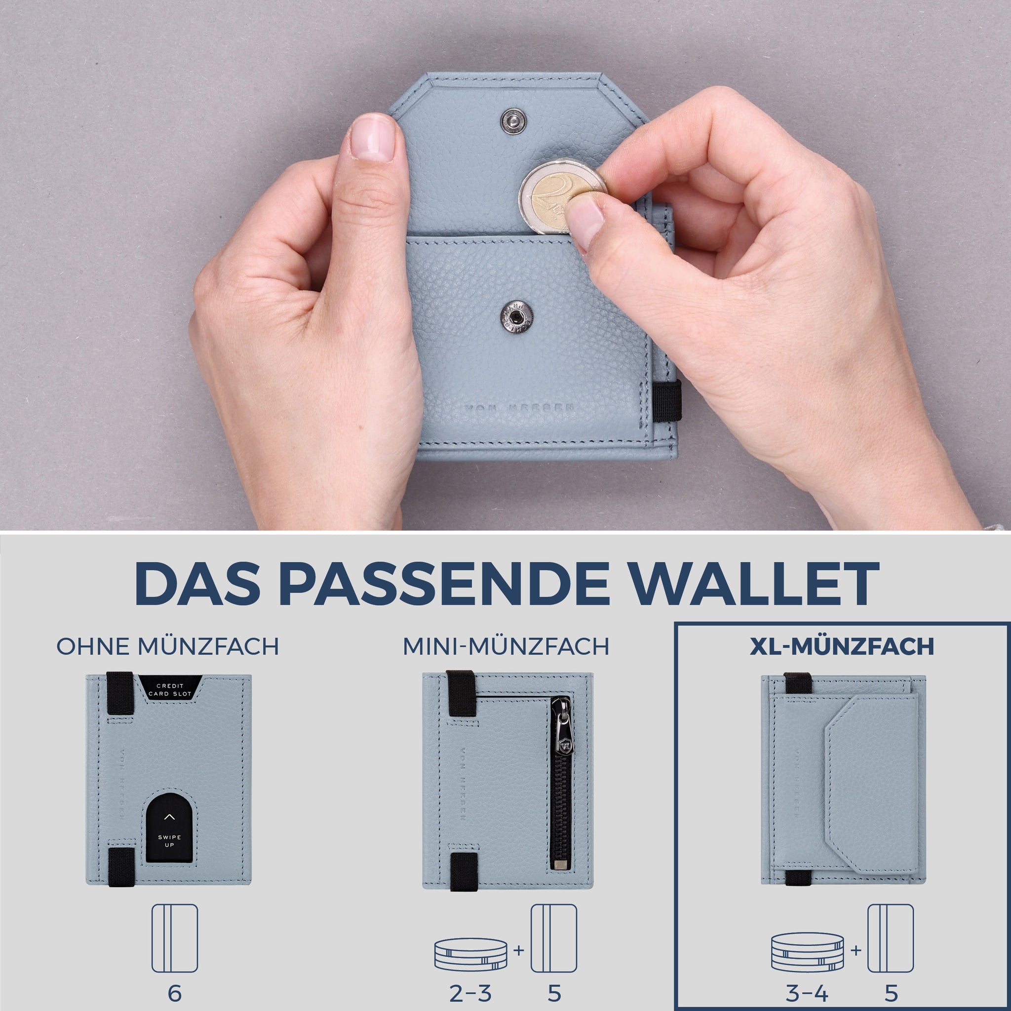 Slim Wallet mit RFID-Schutz, 5 Kartenfächer & XL-Münzfach (Genarbt)
