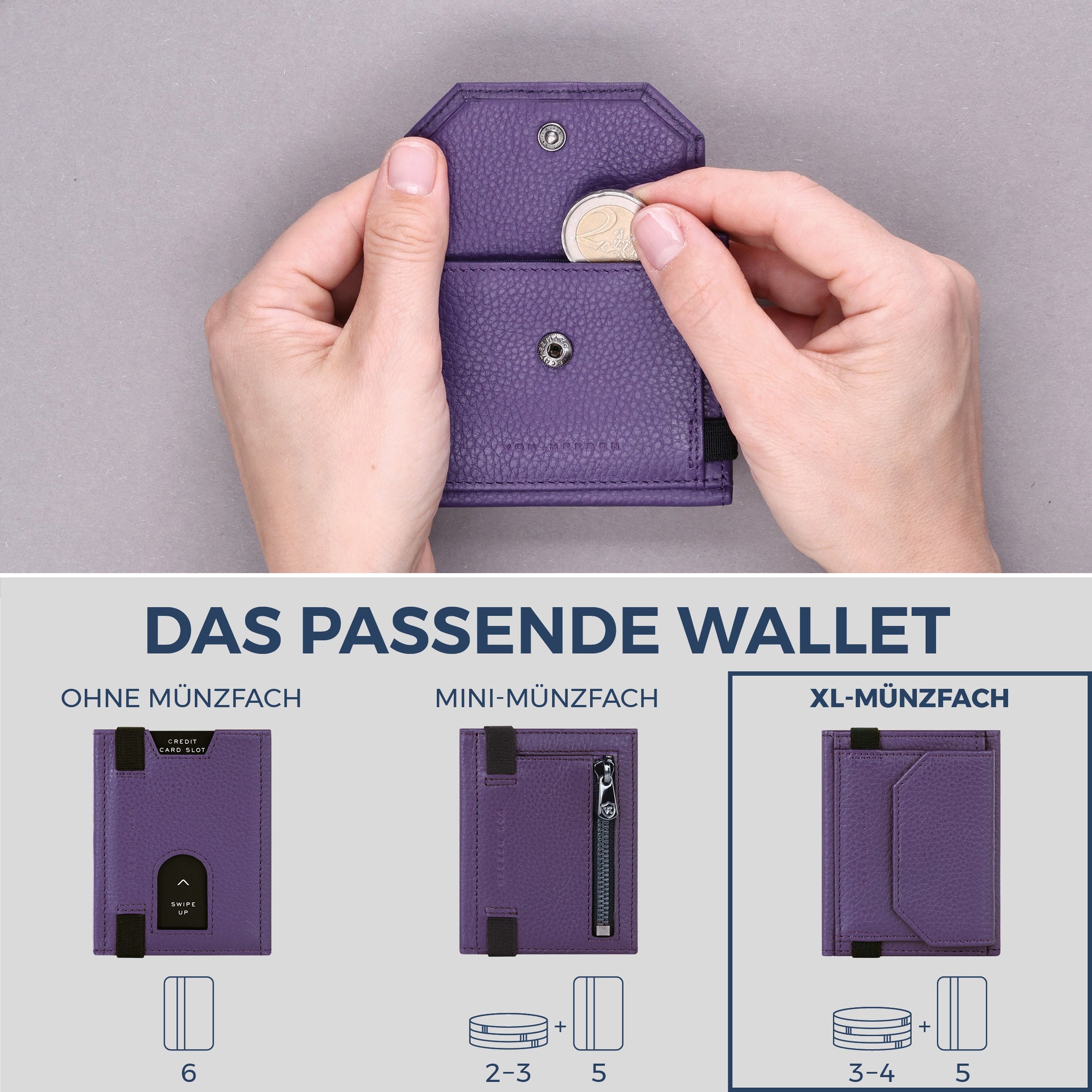 Slim Wallet mit RFID-Schutz, 5 Kartenfächer & XL-Münzfach (Genarbt)