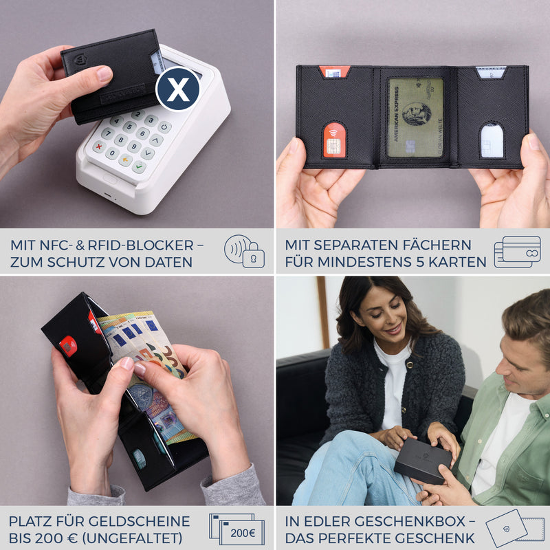 Slim Wallet mit RFID-Schutz, 5 Kartenfächer & XL-Münzfach (Saffiano)