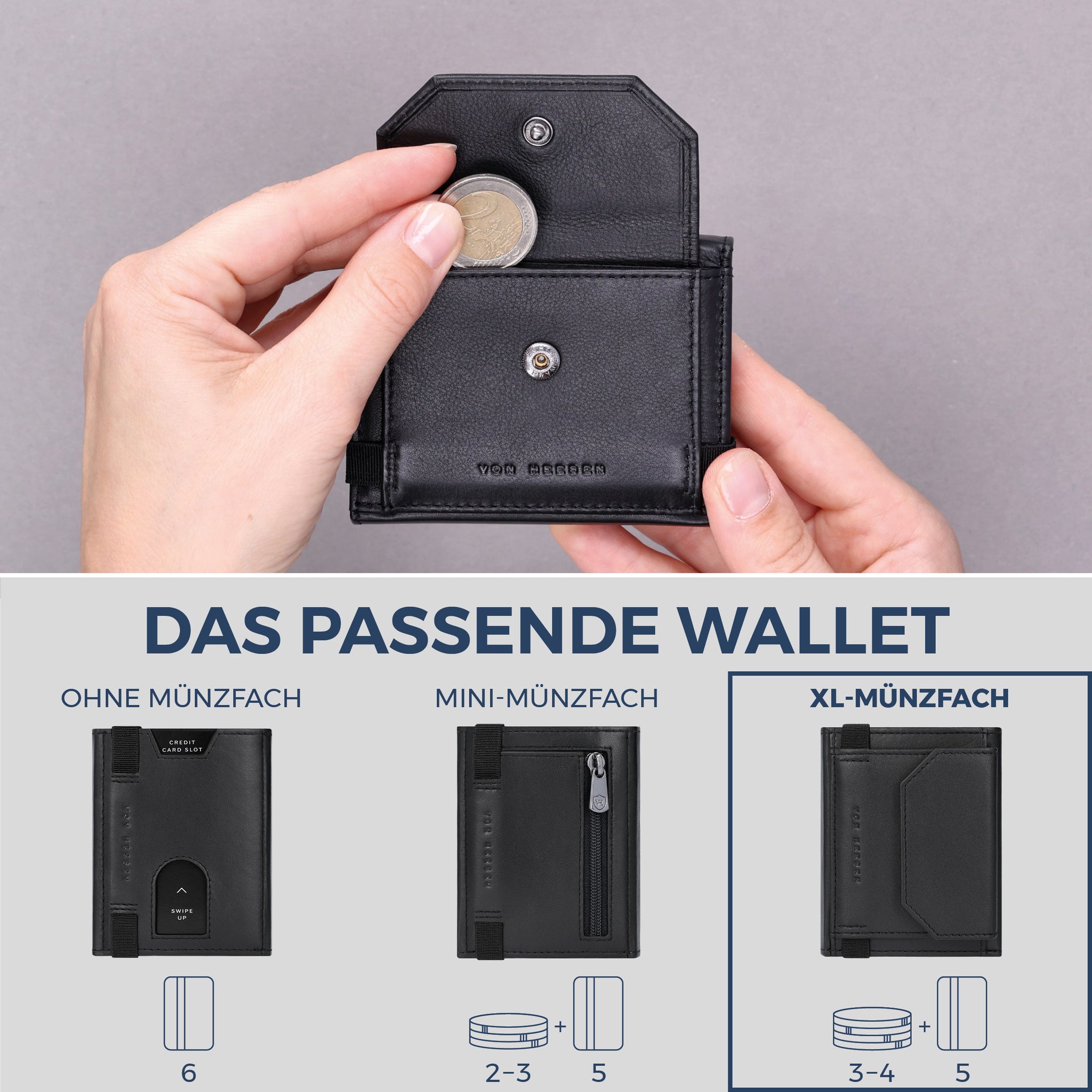 Slim Wallet mit RFID-Schutz, 5 Kartenfächer & XL-Münzfach (Glatt)