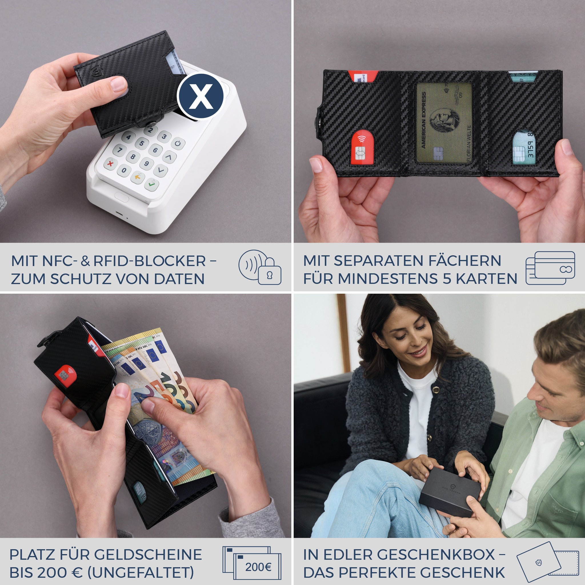 Slim Wallet mit RFID-Schutz, 5 Kartenfächer & Mini-Münzfach (Carbon)