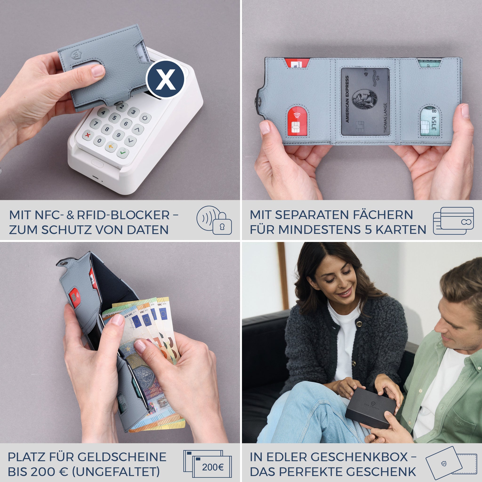 Slim Wallet mit RFID-Schutz, 5 Kartenfächer & Mini-Münzfach (Genarbt)