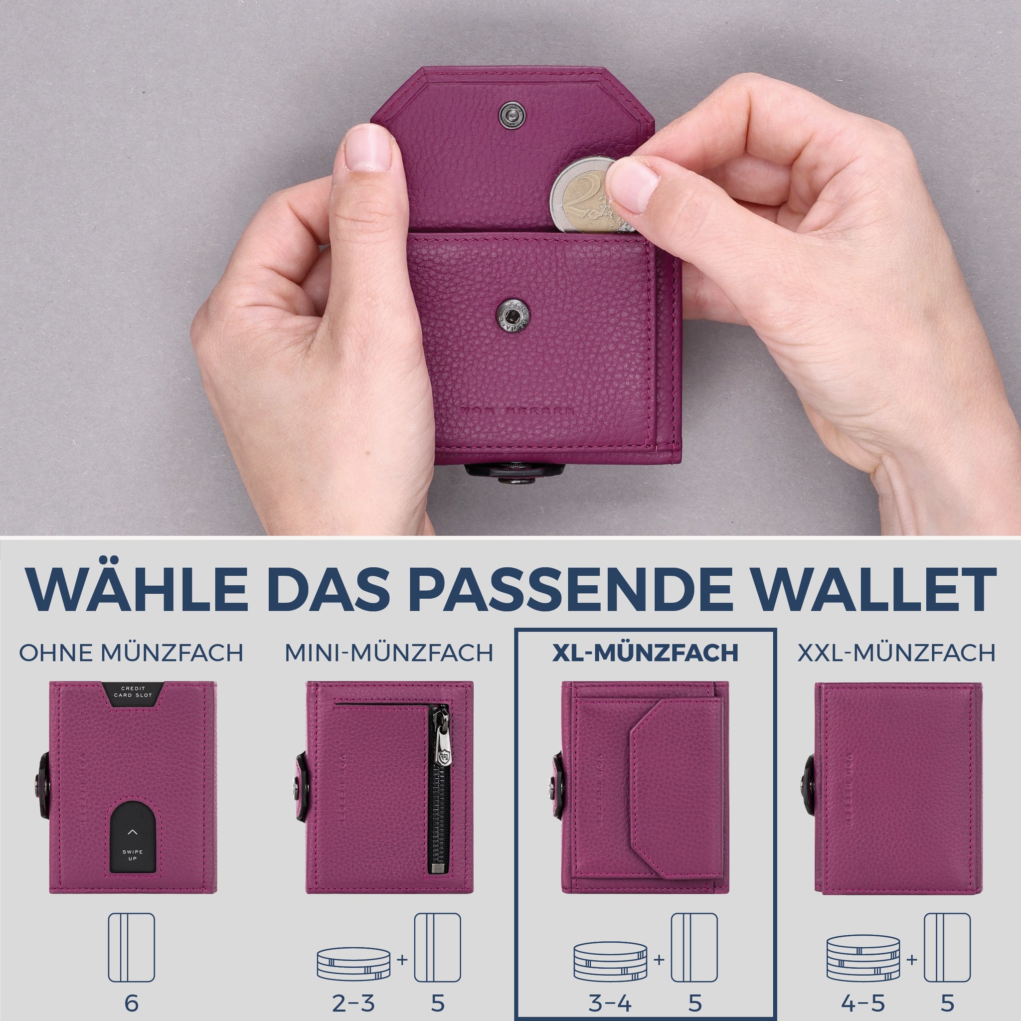 Slim Wallet mit RFID-Schutz, 5 Kartenfächer & XL-Münzfach (Genarbt)
