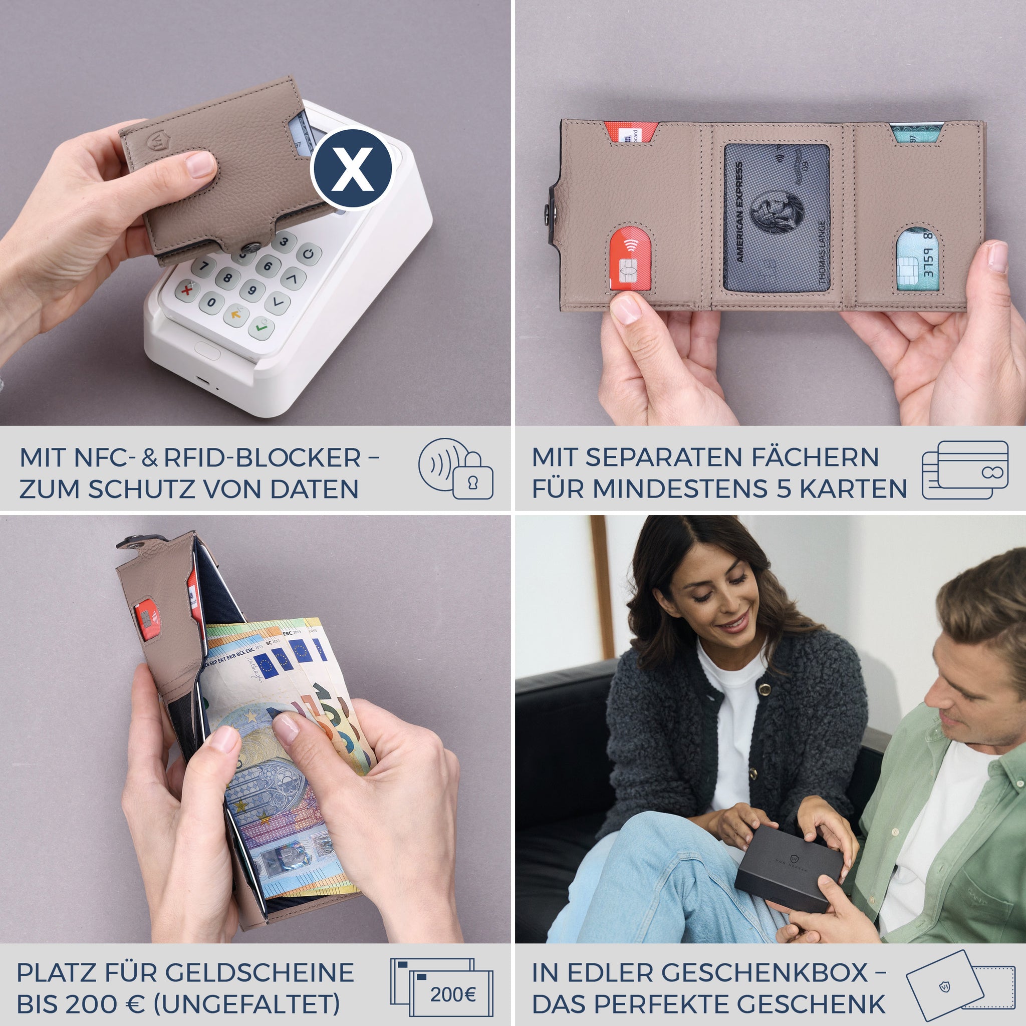 Slim Wallet mit RFID-Schutz, 5 Kartenfächer & XL-Münzfach (Genarbt)