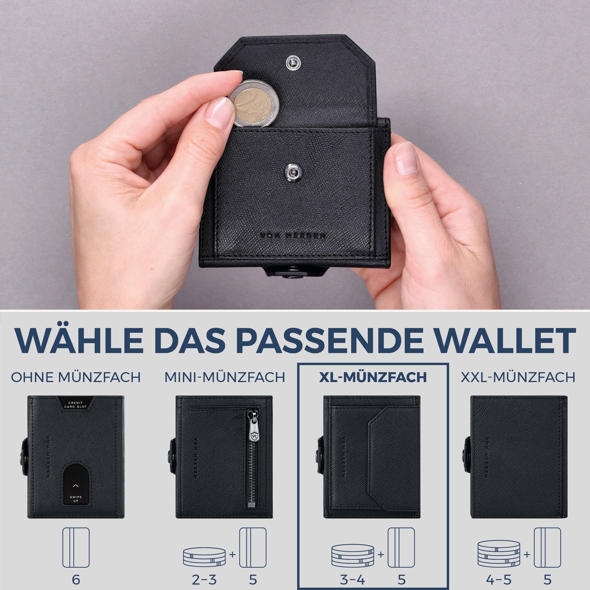 Slim Wallet mit RFID-Schutz, 5 Kartenfächer & XL-Münzfach (Saffiano)