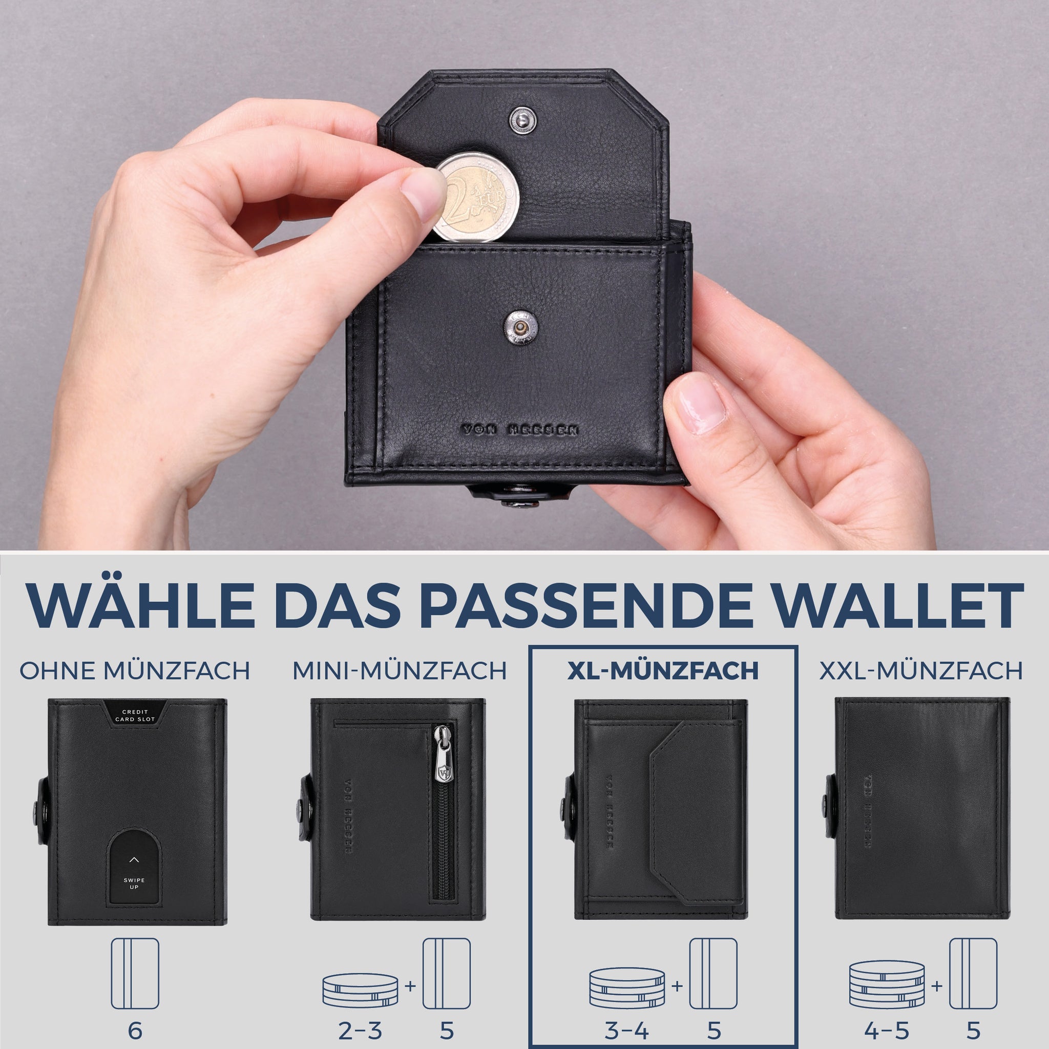 Slim Wallet mit RFID-Schutz, 5 Kartenfächer & XL-Münzfach (Glatt)