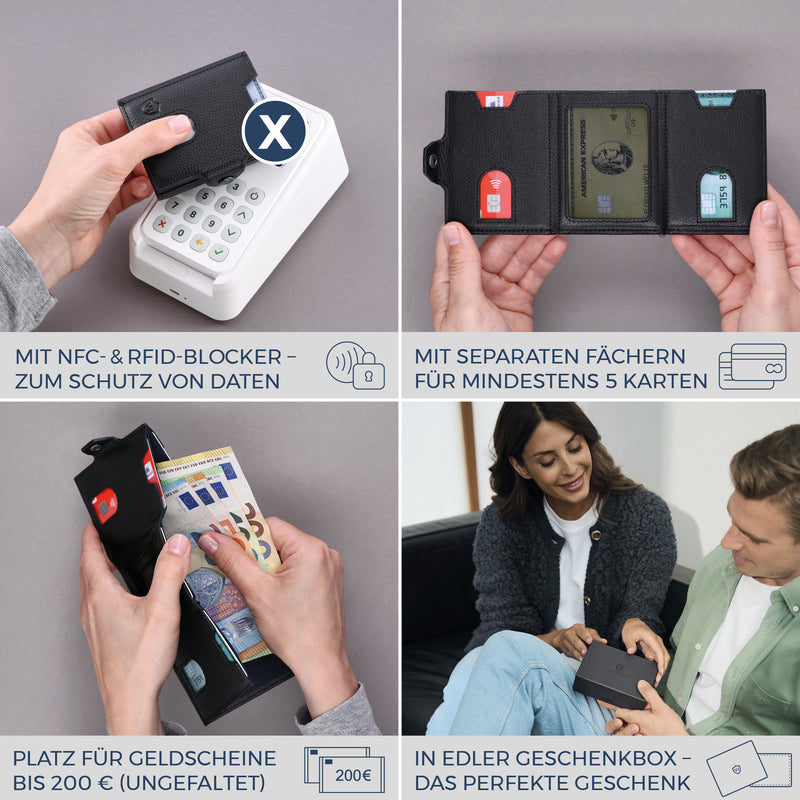 Slim Wallet mit RFID-Schutz, 5 Kartenfächer & XXL-Münzfach (Genarbt)