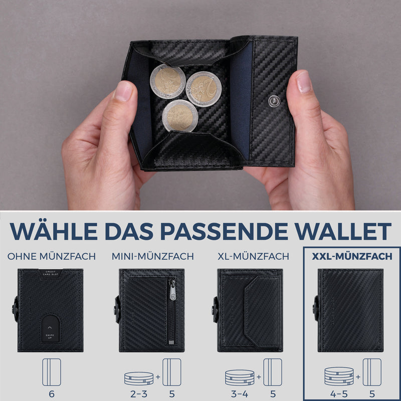 Slim Wallet mit RFID-Schutz, 5 Kartenfächer & XXL-Münzfach (Carbon)