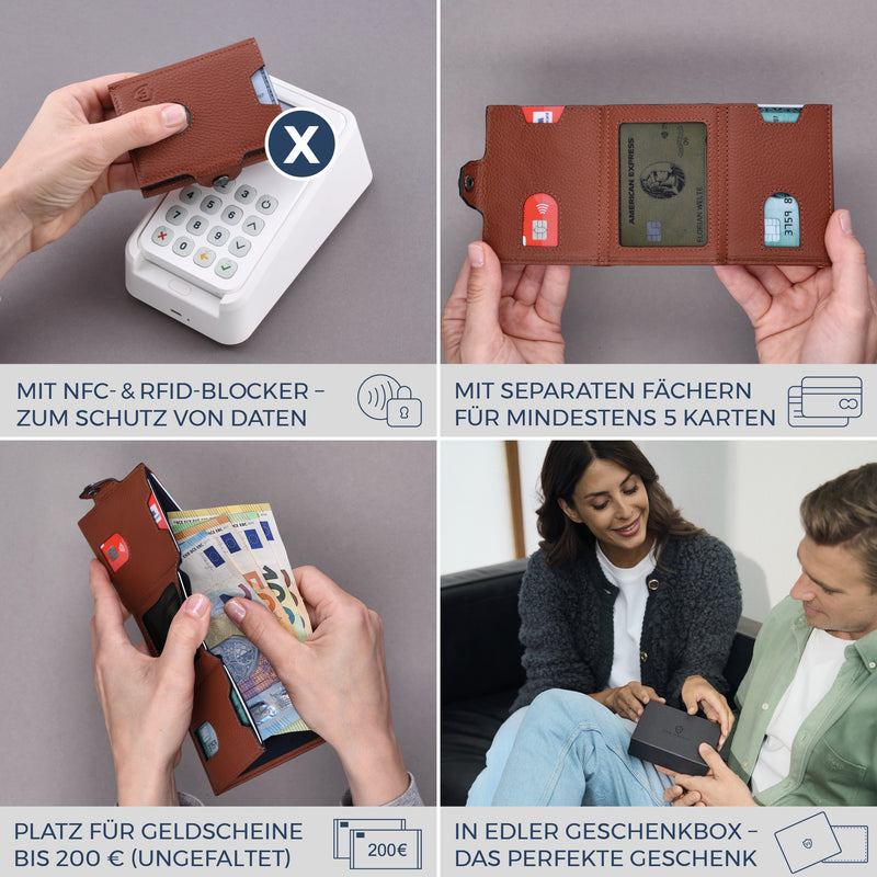 Slim Wallet mit RFID-Schutz, 5 Kartenfächer & XXL-Münzfach (Genarbt)