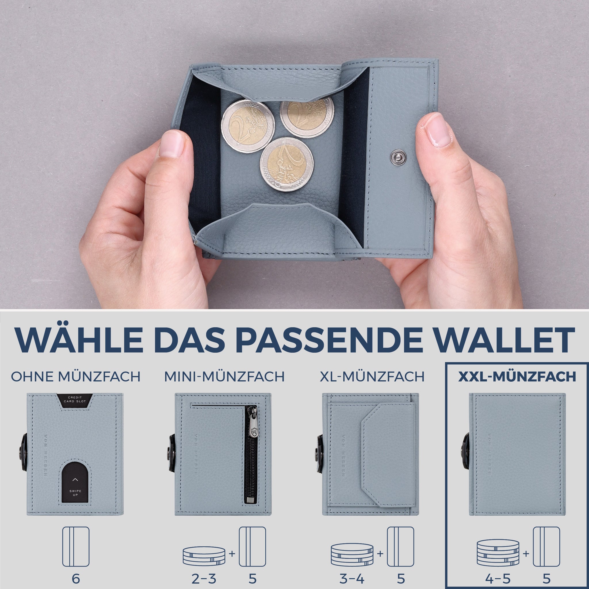 Slim Wallet mit RFID-Schutz, 5 Kartenfächer & XXL-Münzfach (Genarbt)
