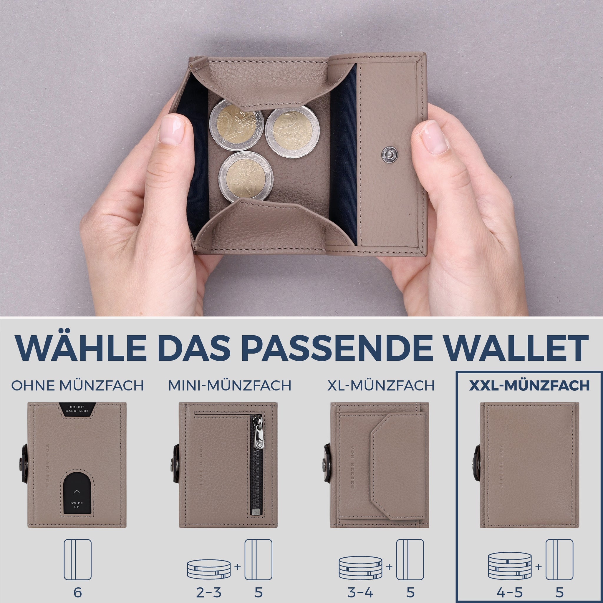 Slim Wallet mit RFID-Schutz, 5 Kartenfächer & XXL-Münzfach (Genarbt)
