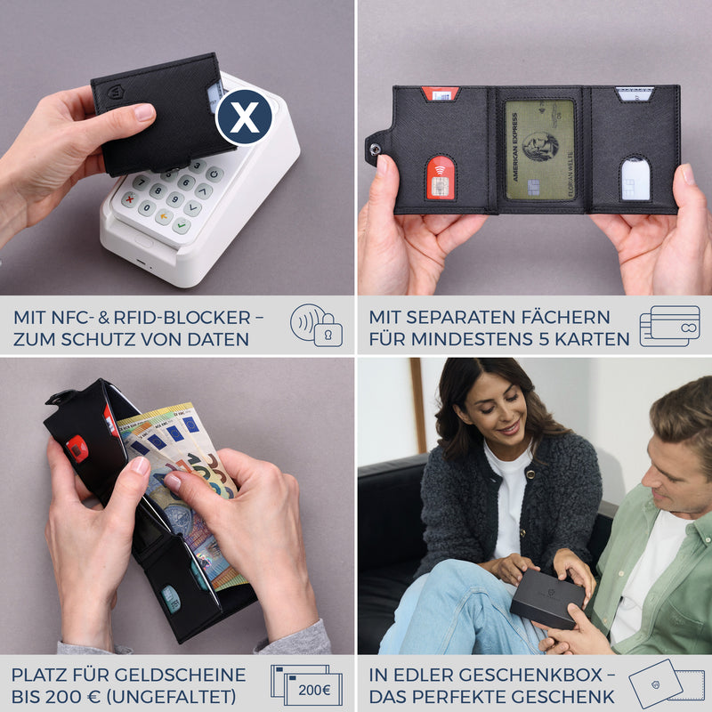 Slim Wallet mit RFID-Schutz, 5 Kartenfächer & XXL-Münzfach (Saffiano)